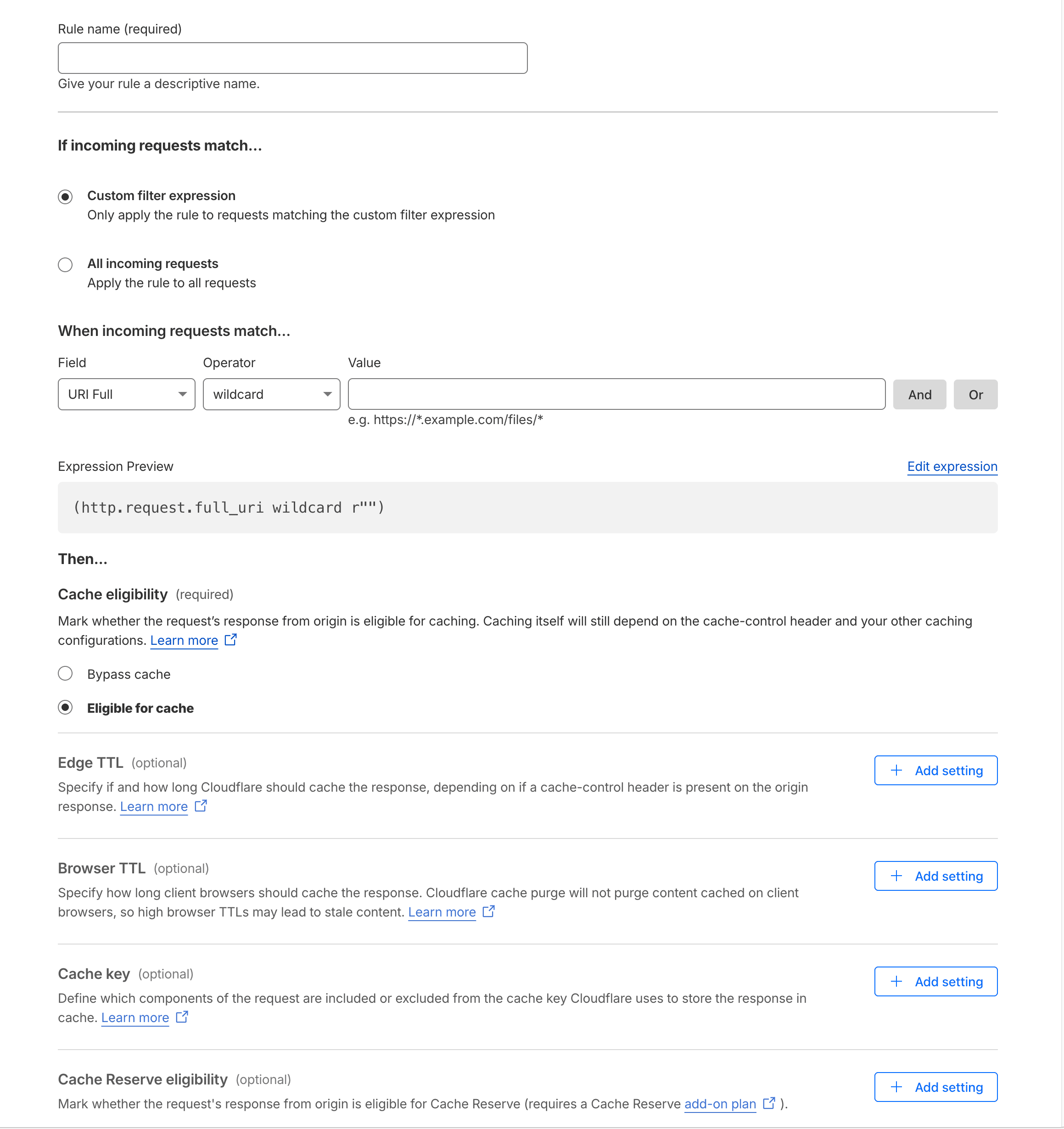 Giao diện tạo Cache Rule với expression builder trong Cloudflare
