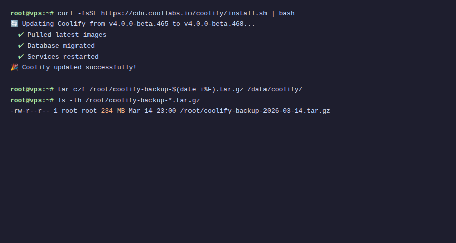 Update và backup Coolify