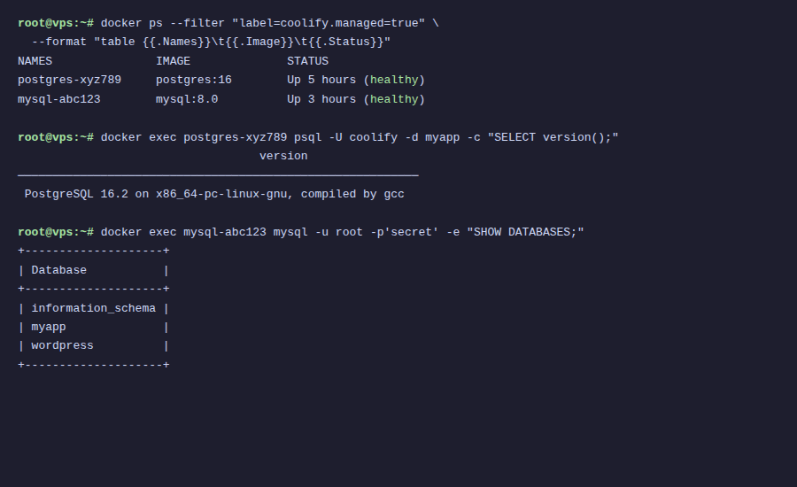 Database PostgreSQL và MySQL trên Coolify