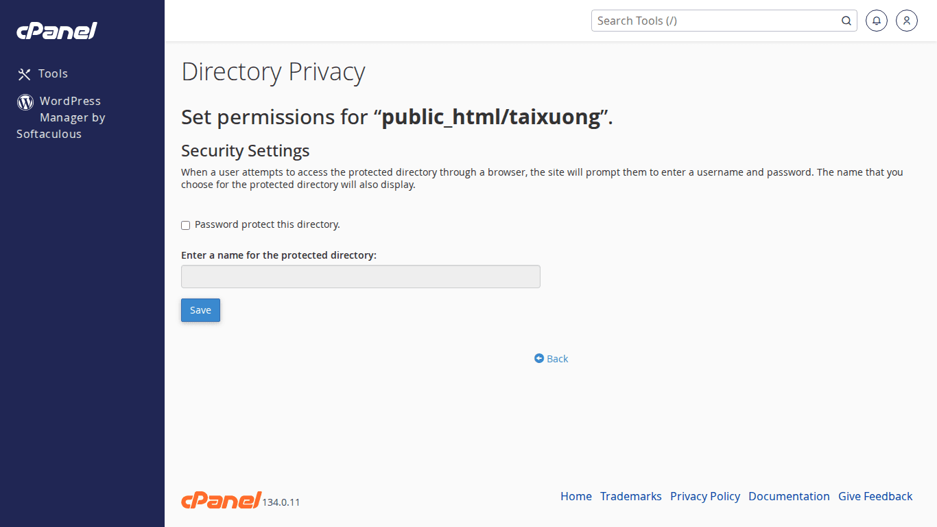 Trang cài đặt bảo vệ thư mục trên cPanel