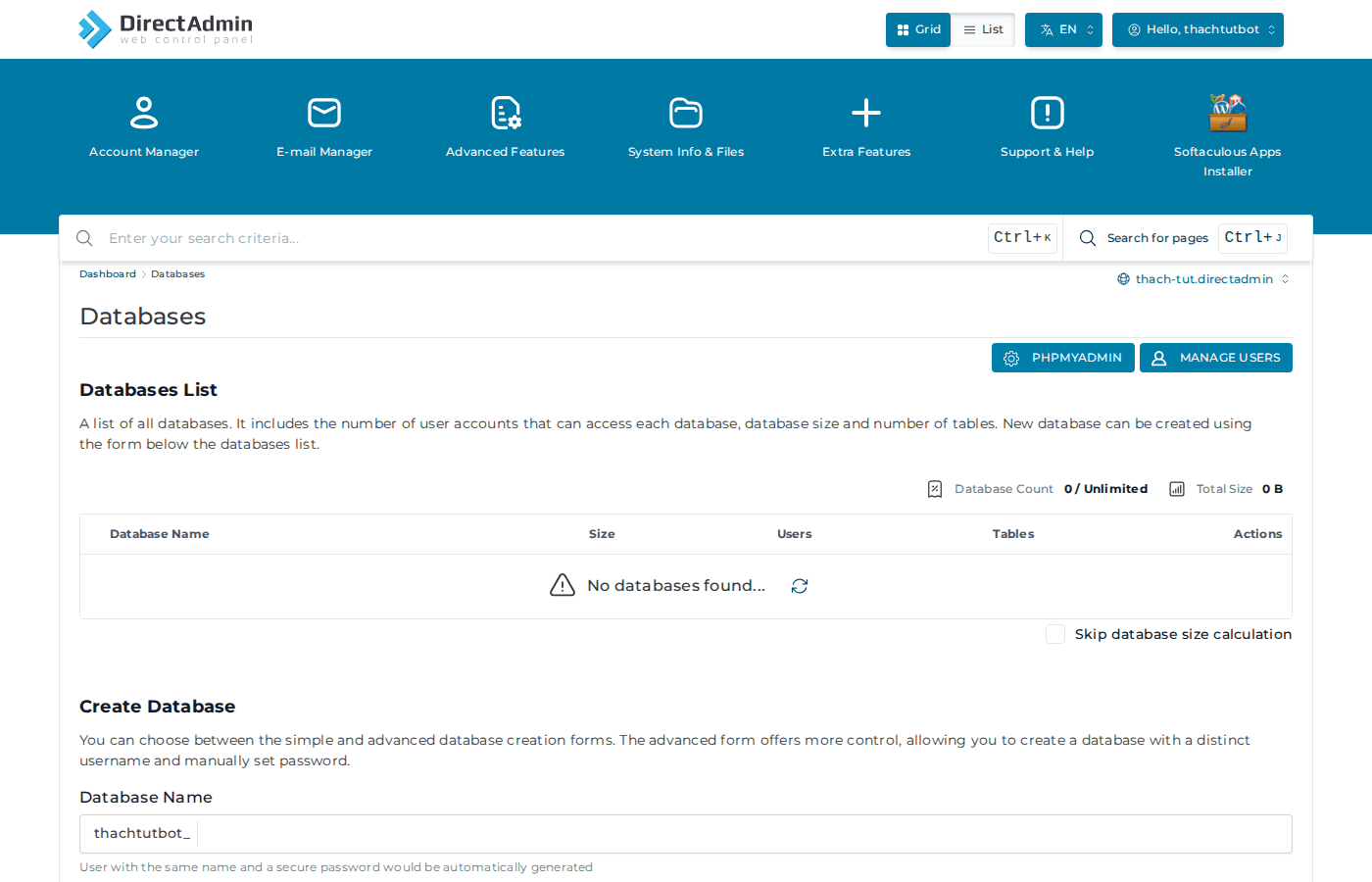 Trang quản lý Database trên DirectAdmin EVO