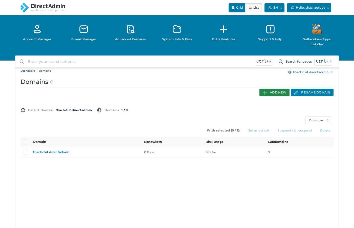 Trang quản lý Domain trên DirectAdmin EVO