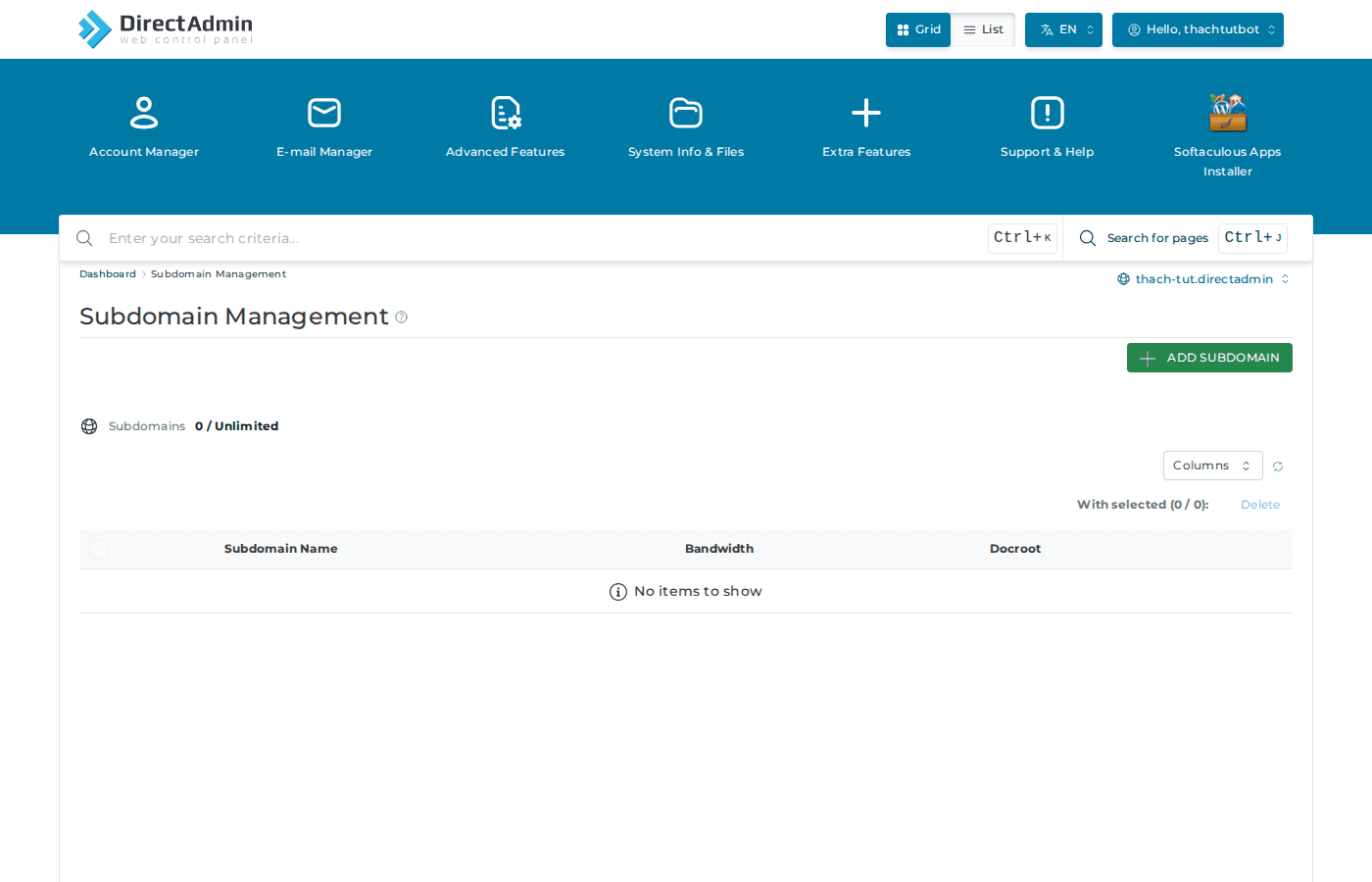 Trang quản lý Subdomain trên DirectAdmin EVO