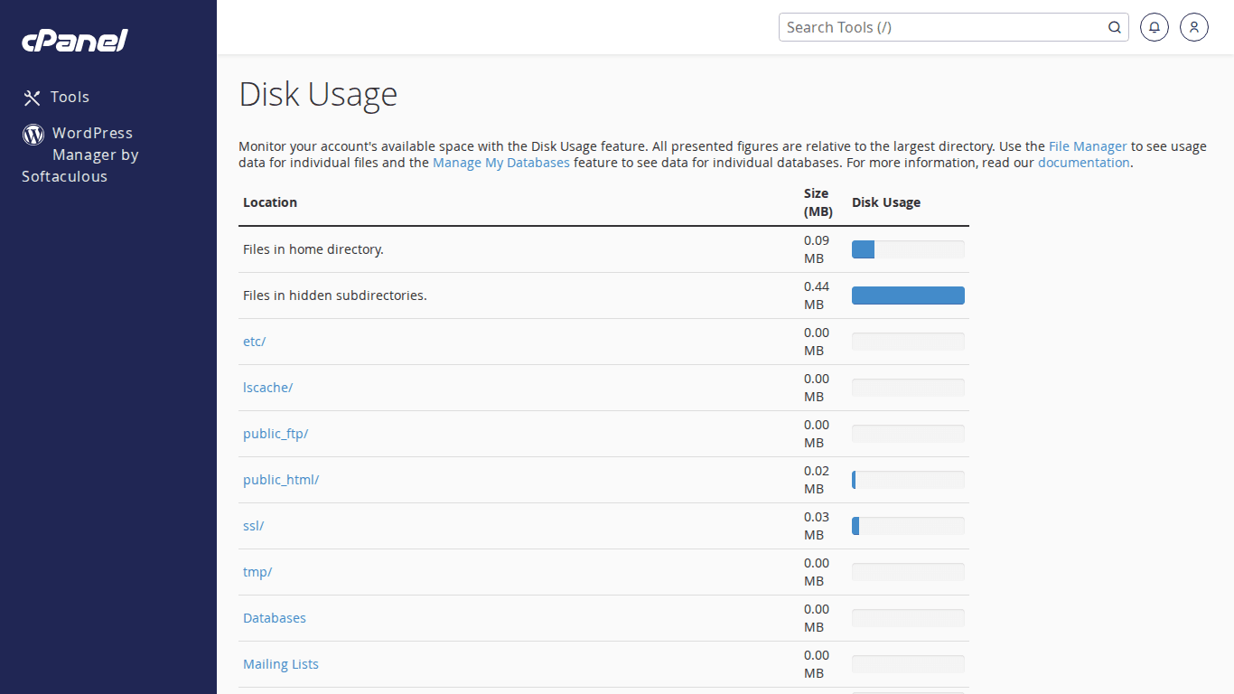 Trang Disk Usage trên cPanel hiển thị dung lượng từng thư mục