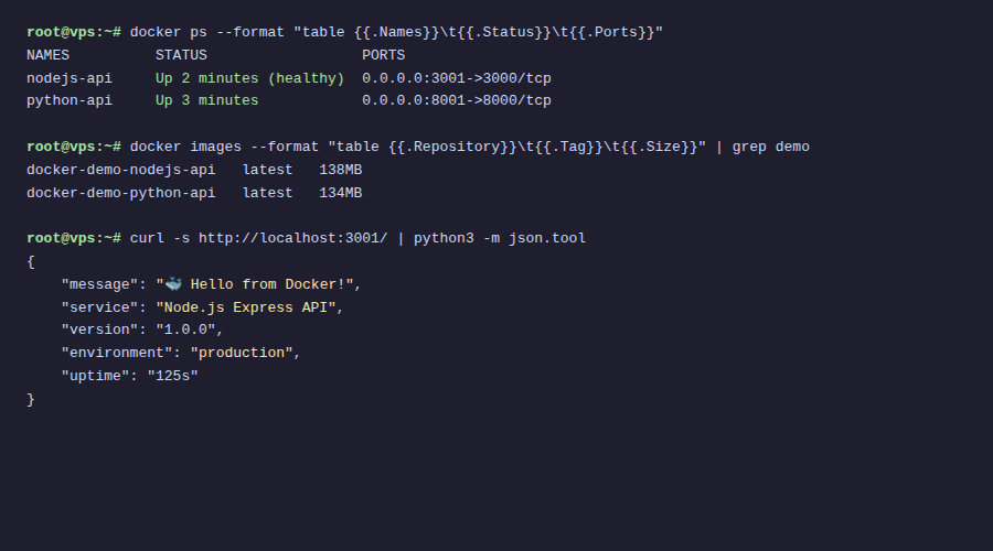 Docker ps và curl test API