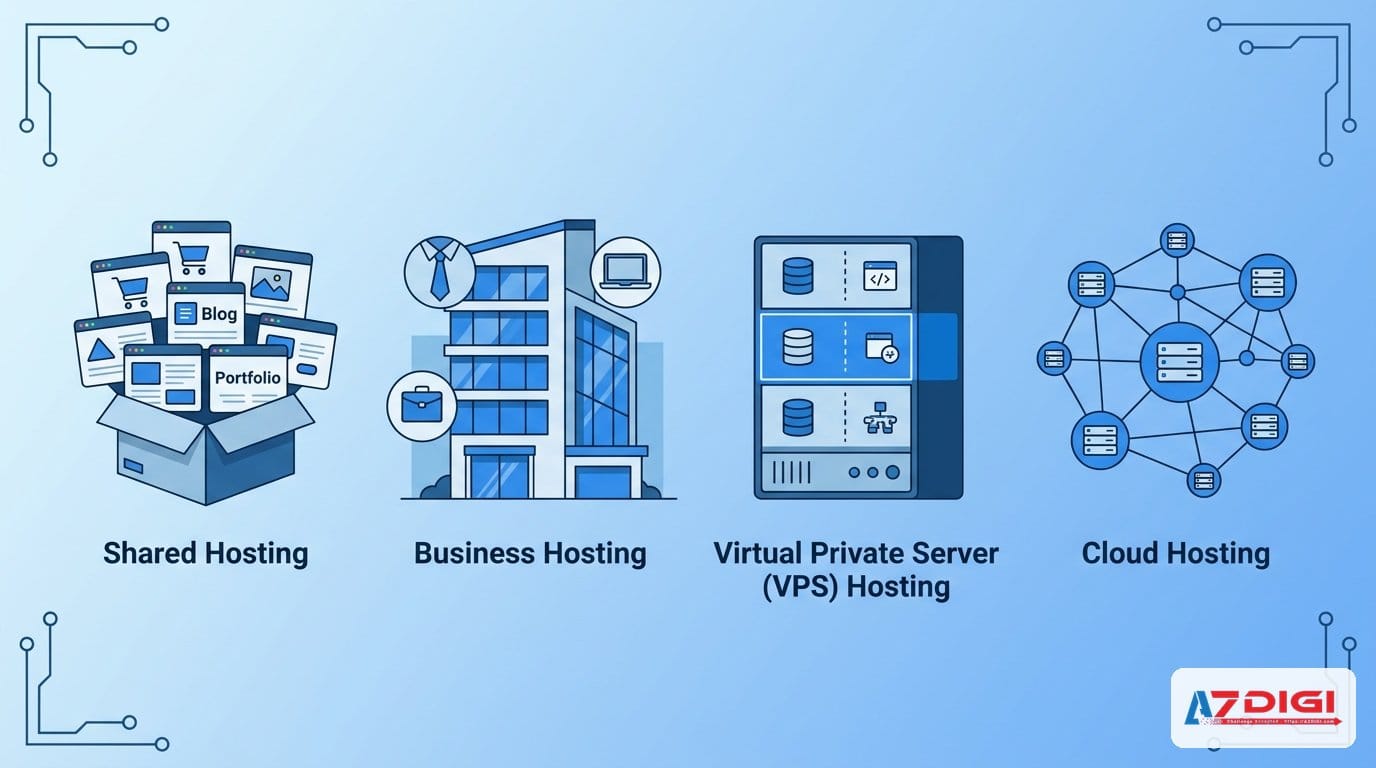 4 loại hosting phổ biến: Shared, Business, VPS, Cloud Server
