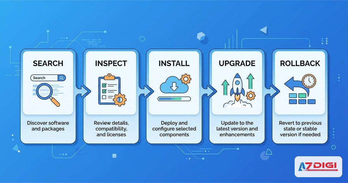 Workflow đầy đủ: search, inspect, install, upgrade, rollback