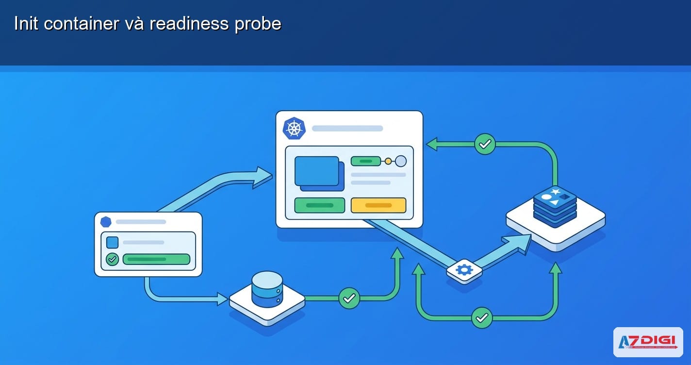 Init container và readiness probe chờ PostgreSQL Redis sẵn sàng