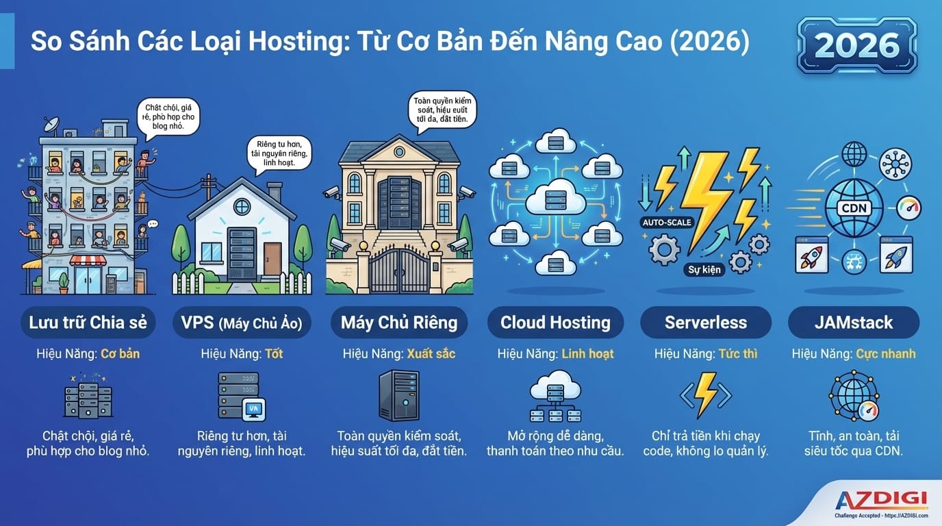 Create a modern infographic comparing different hosting types from basic to advanced. Show 6 hosting types in a horizontal layout: Shared Hosting (represented by apartment building), VPS (individual house), Dedicated Server (mansion), Cloud Hosting (floating interconnected nodes), Serverless (lightning bolts with auto-scaling arrows), and JAMstack (speed lines with CDN network). Use gradient blue color scheme (#2D6FD4 to #5B9BD5). Include icons, performance indicators, and "2026" badge. Clean, professional design with Vietnamese labels. Style: flat illustration, tech-focused.