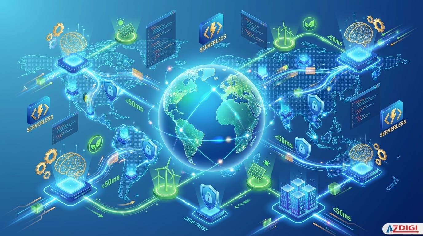 Illustrate hosting trends 2026 with a global network visualization. Show Earth in center with glowing edge nodes around continents, AI brain symbols processing data at edge locations, serverless functions as floating code blocks, green energy symbols for sustainable hosting, and security shields for Zero Trust. Include flowing data streams, latency indicators showing "<50ms", and futuristic elements. Color palette: blue gradients, green accents for sustainability, gold for AI. Style: modern tech illustration with sci-fi elements.