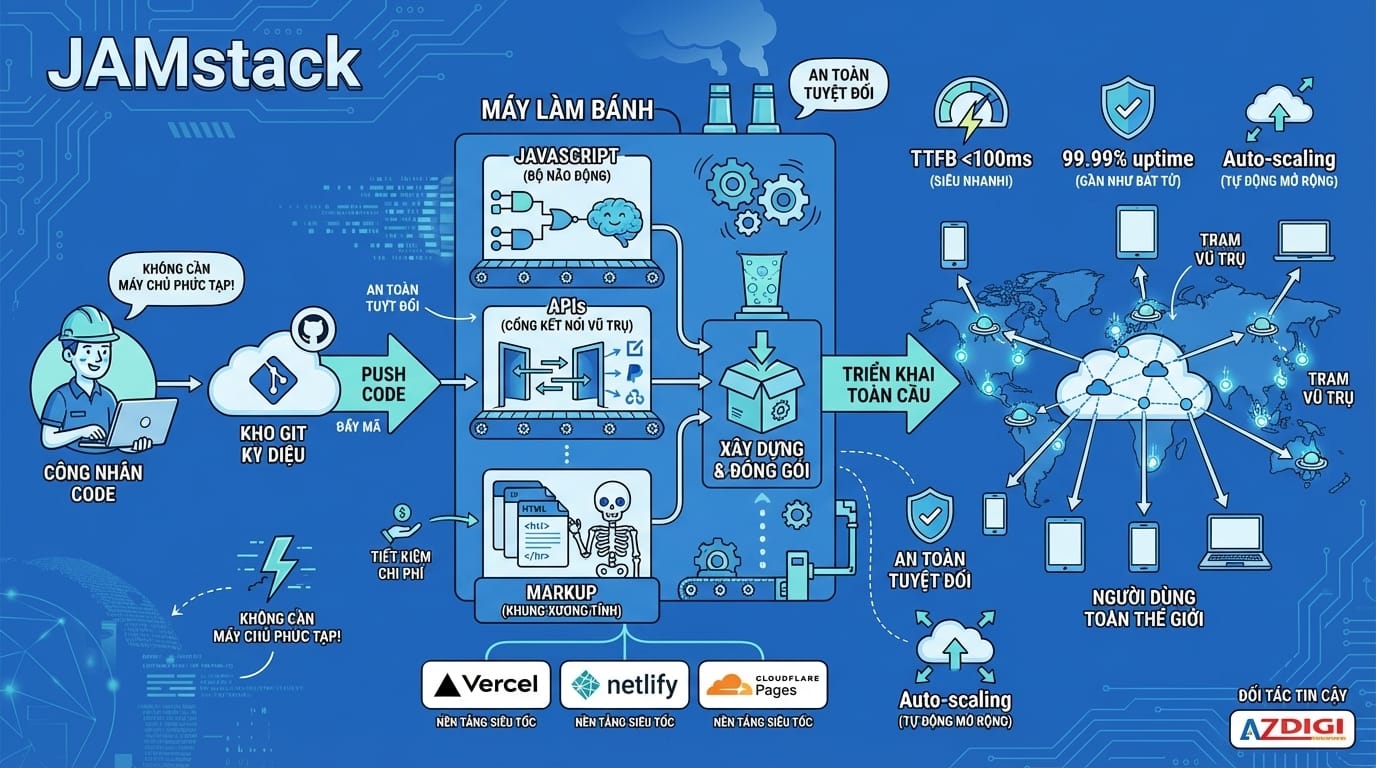 Design a technical diagram showing JAMstack architecture flow. Left side: Developer with Git repository, center: Build process (APIs + Static Files), right side: Global CDN with multiple edge locations serving users worldwide. Show JavaScript, APIs, and Markup components clearly separated. Include performance benefits: "TTFB <100ms", "99.99% uptime", "Auto-scaling". Add popular platforms: Vercel, Netlify, Cloudflare Pages logos. Use clean line art style with blue/teal colors (#2D6FD4), circuit board patterns, and Vietnamese tech labels.