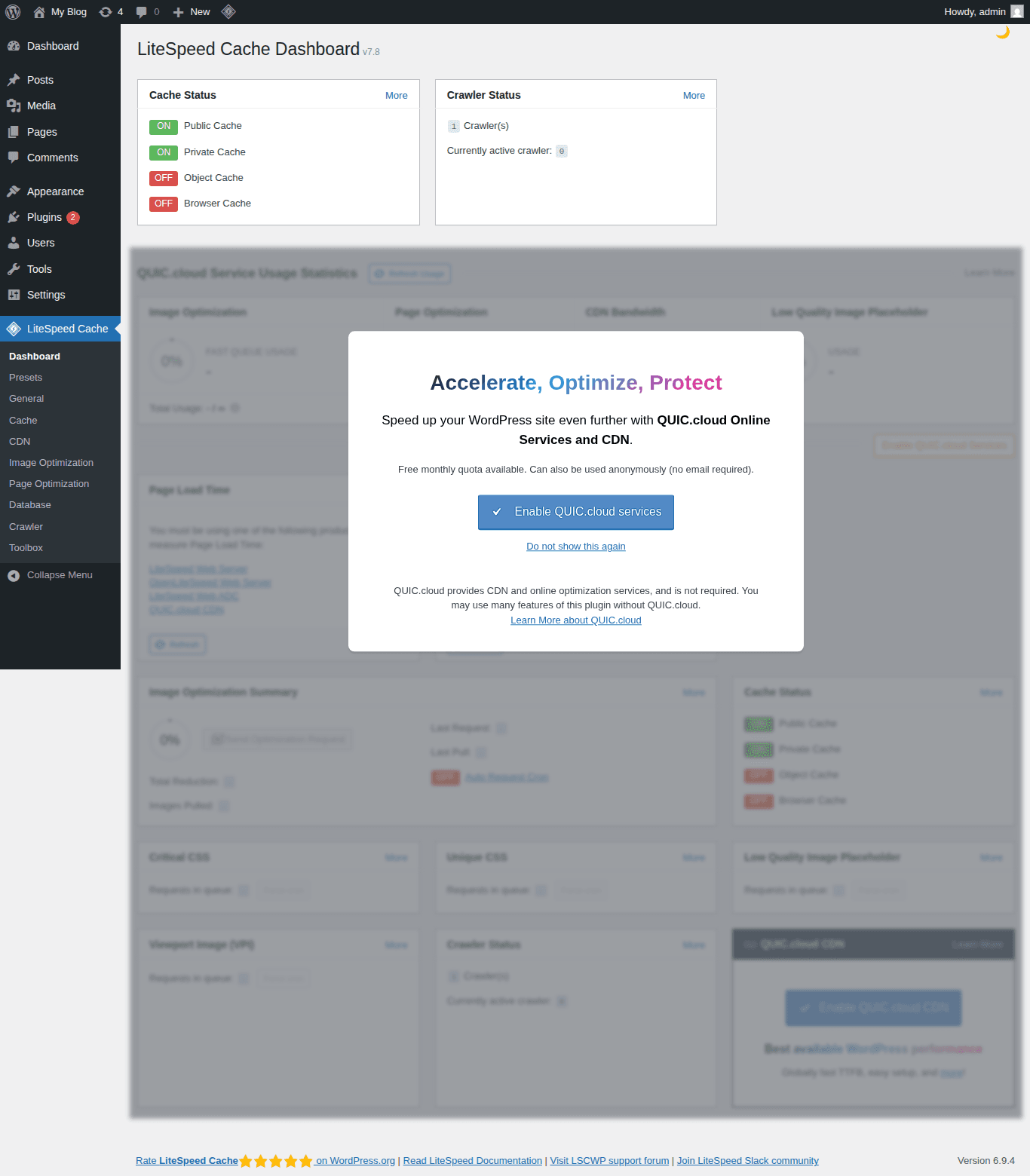 LiteSpeed Cache Dashboard hiển thị trạng thái cache