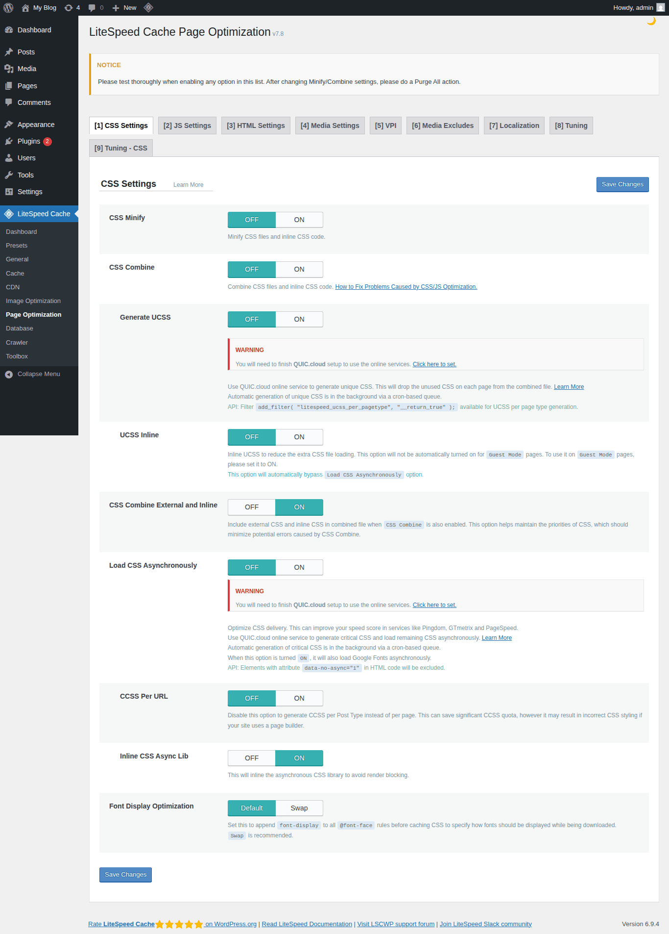 LiteSpeed Cache Page Optimization - CSS Settings