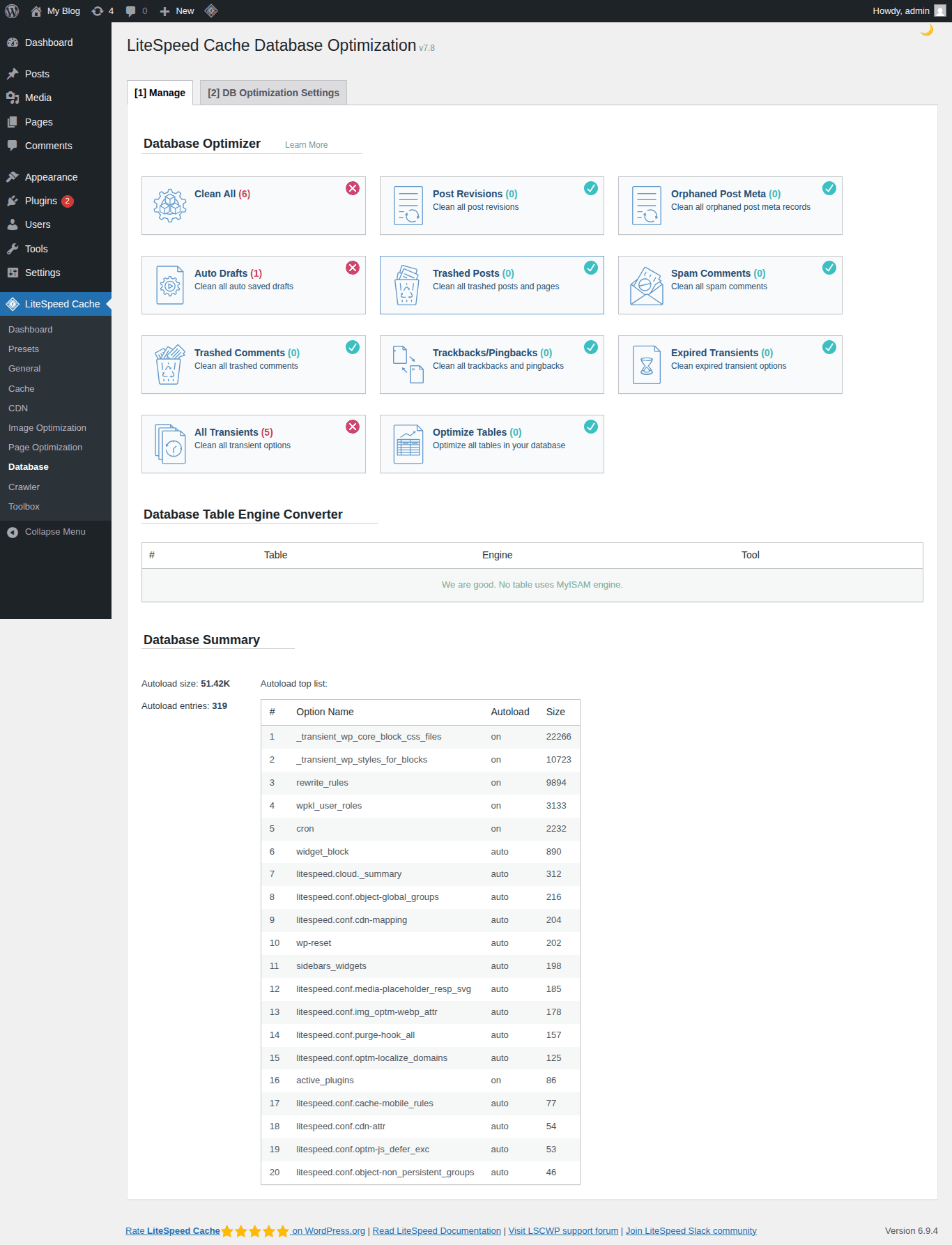 LiteSpeed Cache Database Optimization