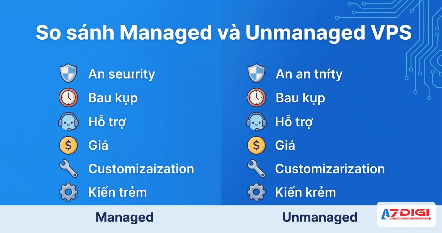 Bảng so sánh Managed VPS vs Unmanaged VPS theo 10 tiêu chí
