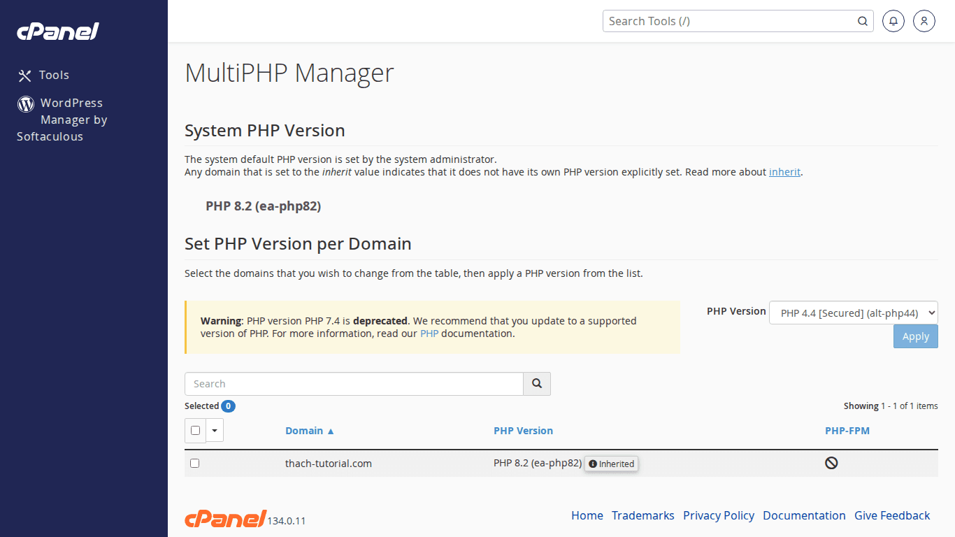 Giao diện MultiPHP Manager trên cPanel