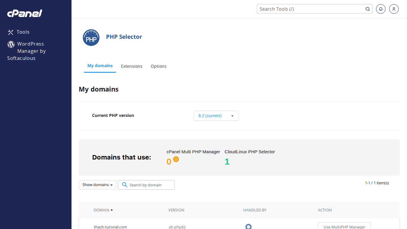Select PHP Version cho phép bật tắt PHP extensions
