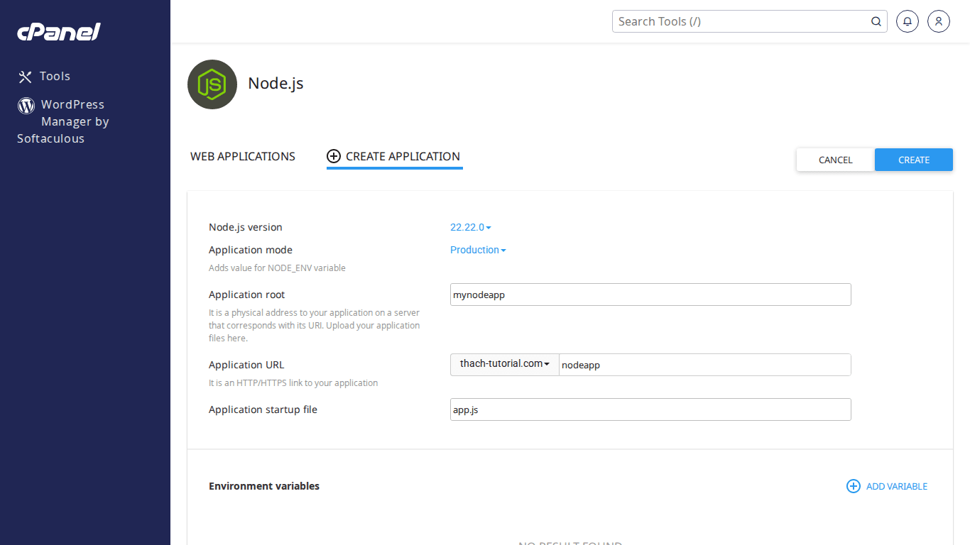 Form tạo ứng dụng Node.js mới trên cPanel với các trường đã điền