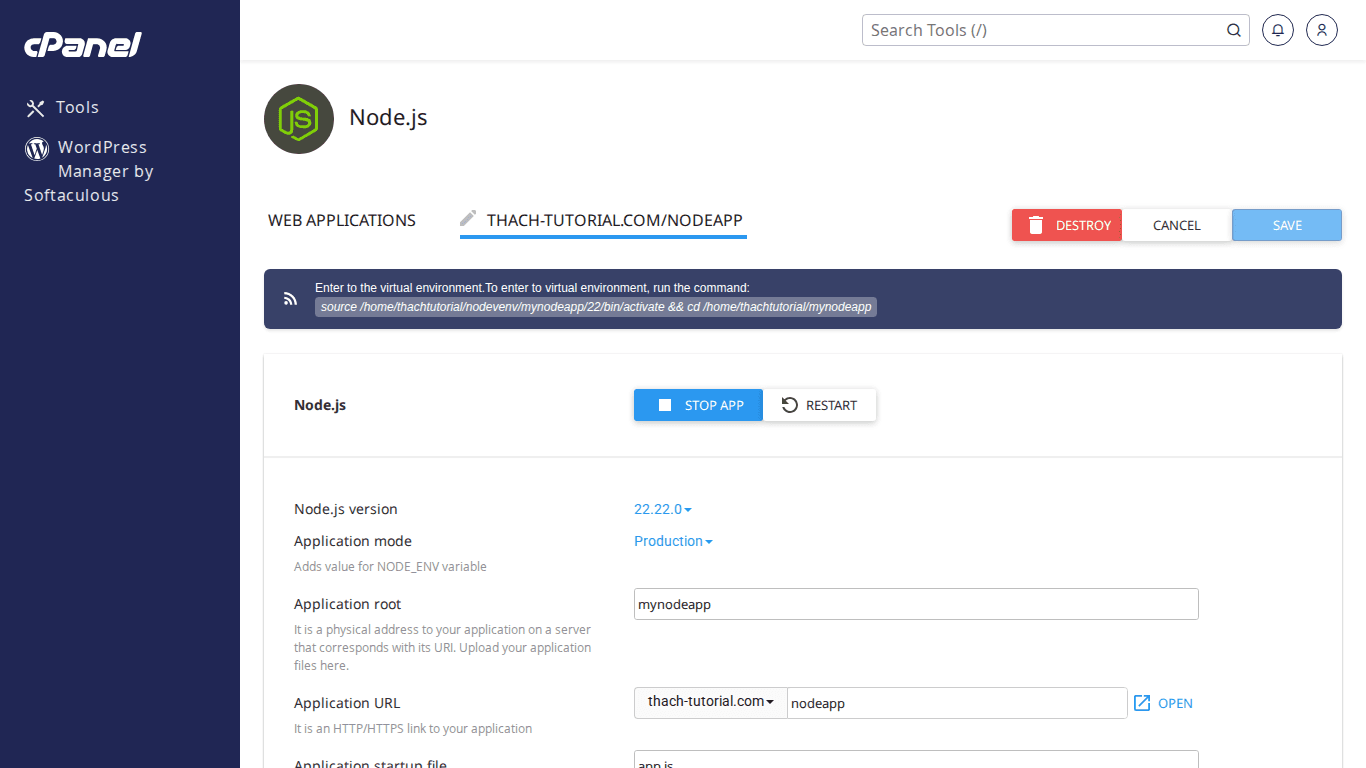 Giao diện Edit ứng dụng Node.js với nút Run NPM Install