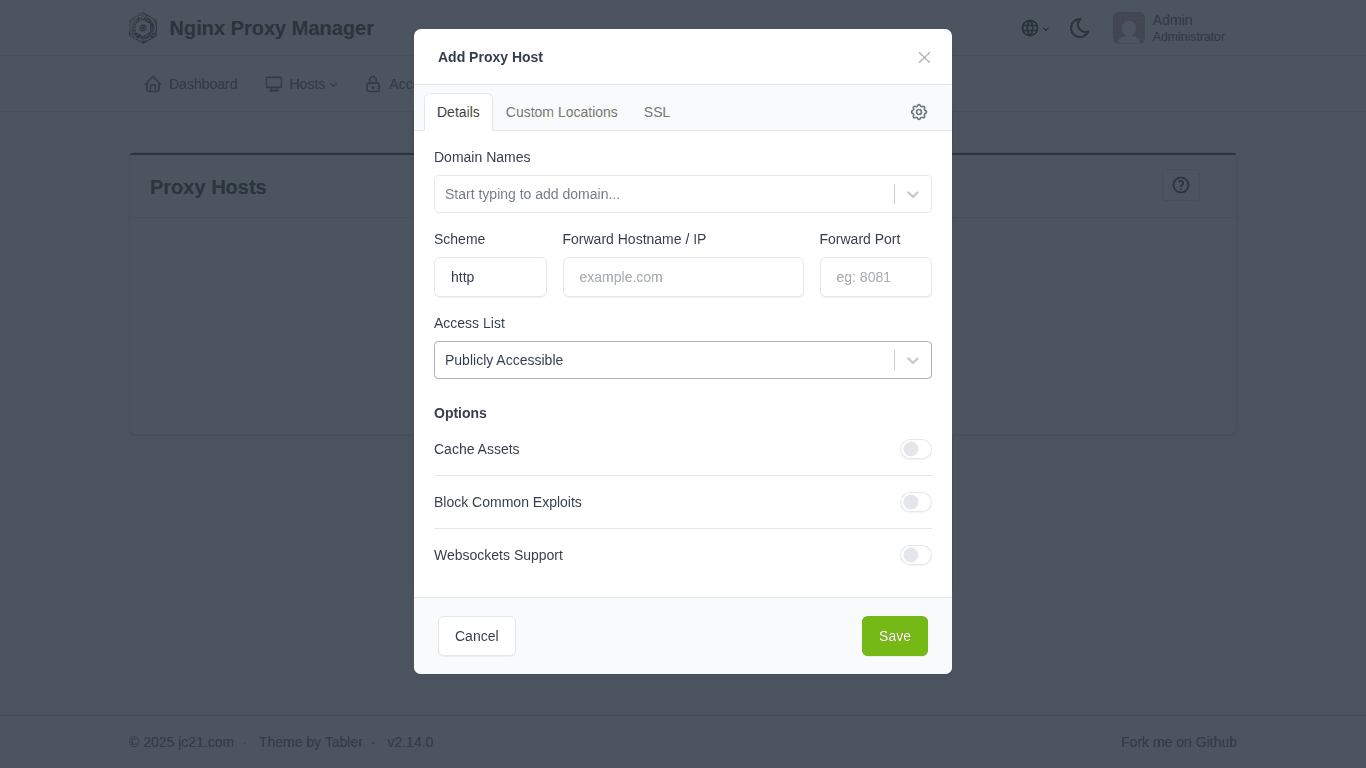 Form thêm Proxy Host mới trên NPM