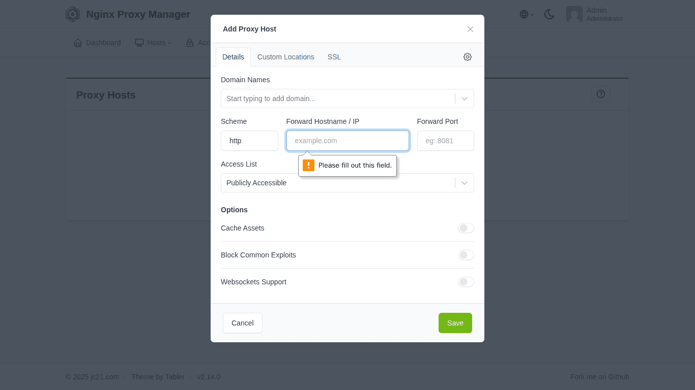 Proxy Host đã tạo thành công