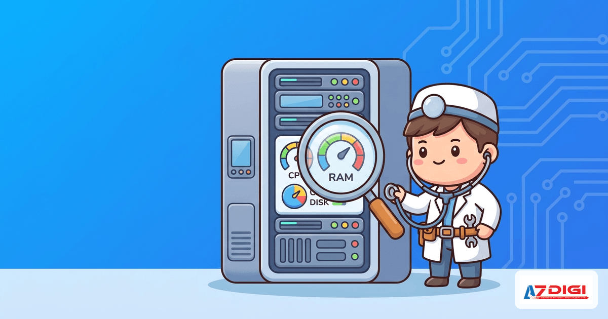 Cartoon doctor/mechanic examining VPS server performance with diagnostic tools