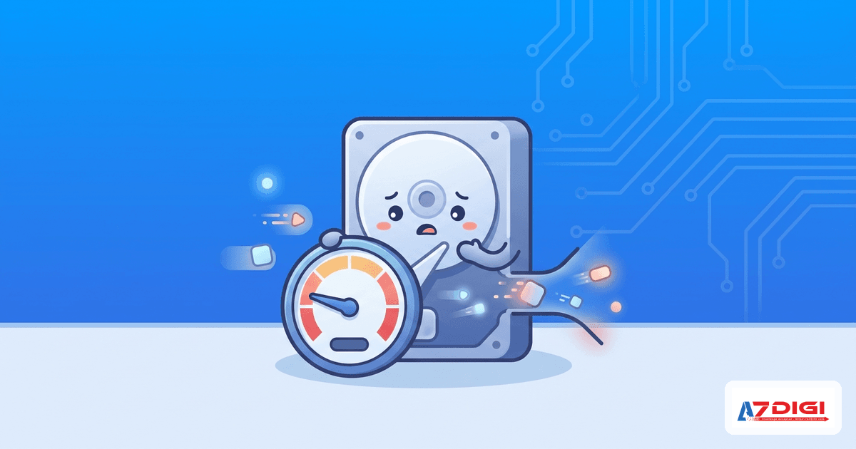 Hard disk with slow speedometer showing I/O bottleneck