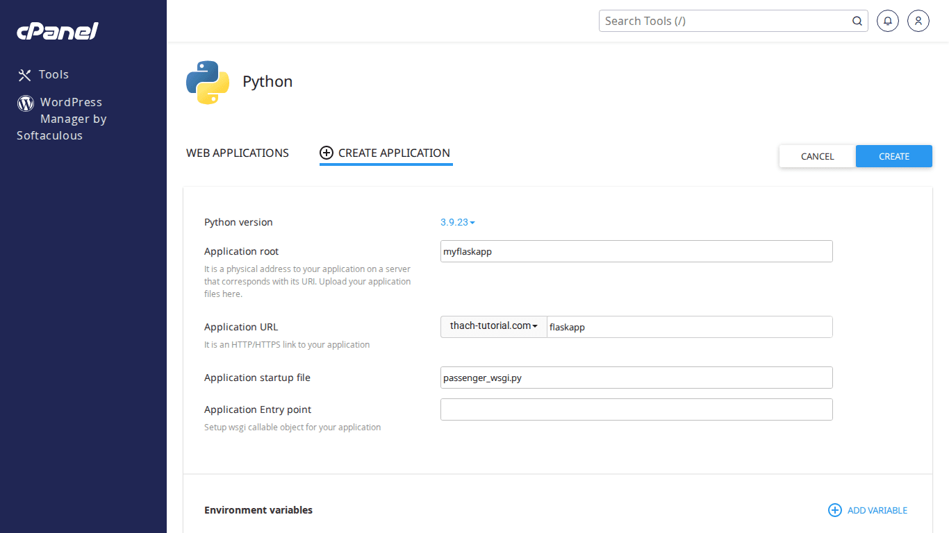 Form tạo ứng dụng Python trên cPanel