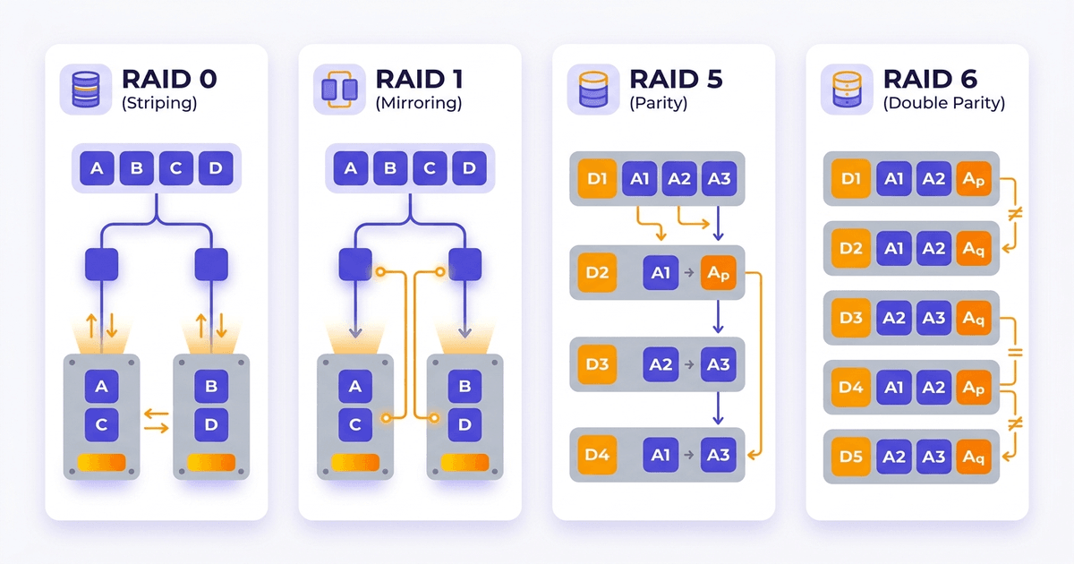 Minh hoạ cách hoạt động RAID 0, 1, 5, 6
