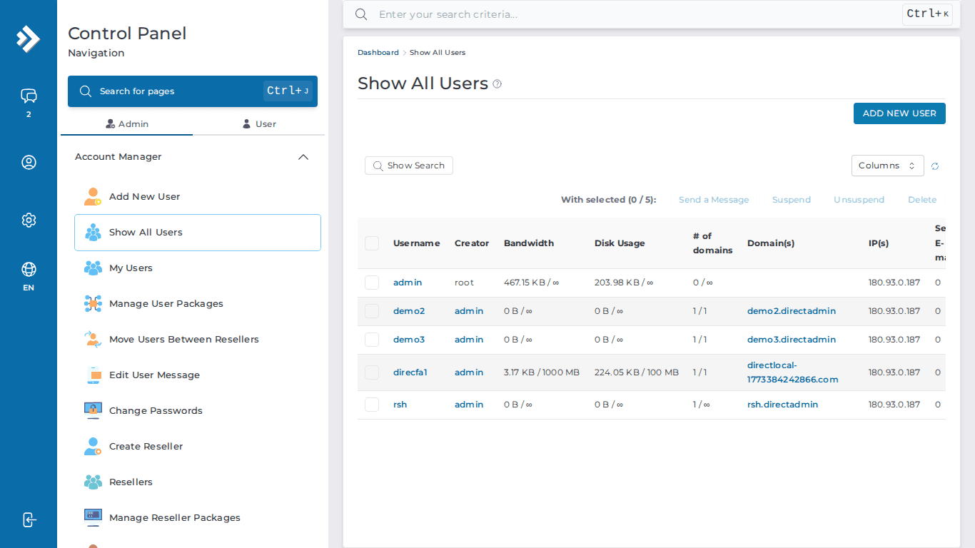 DirectAdmin Evolution - Show All Users List