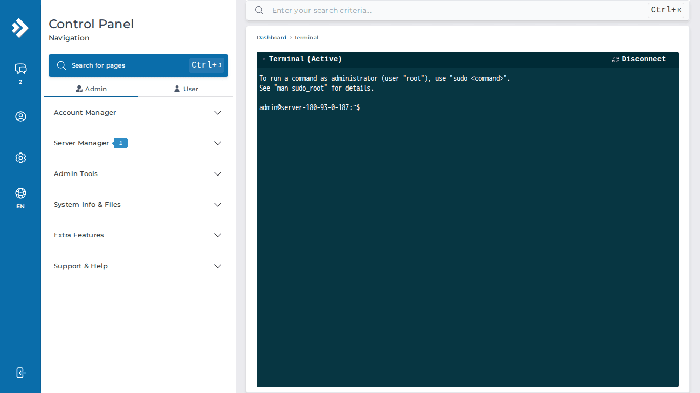 DirectAdmin Evolution - SSH Terminal Test