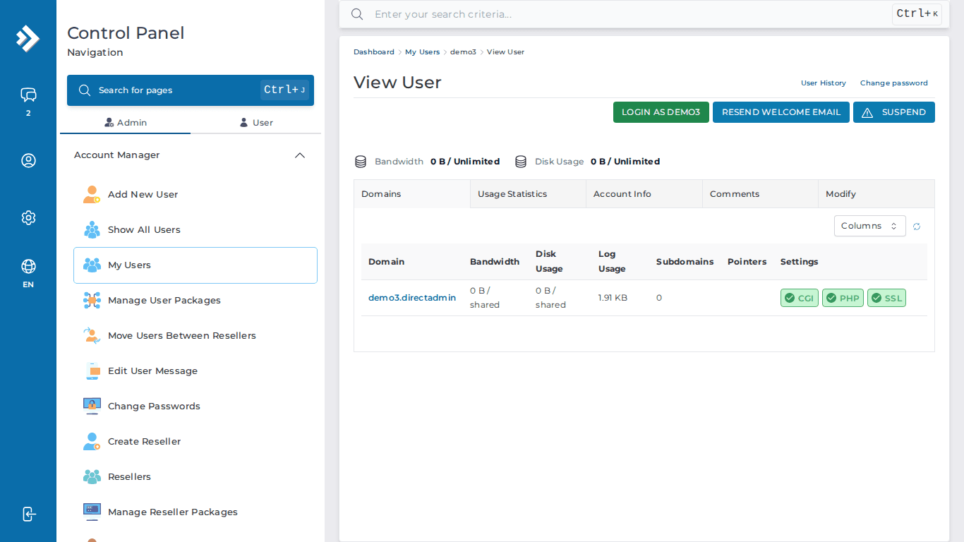 DirectAdmin Evolution - User demo3 View Page