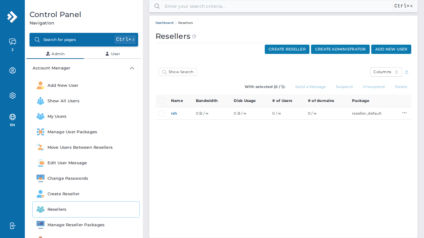 DirectAdmin Evolution - List Resellers Page