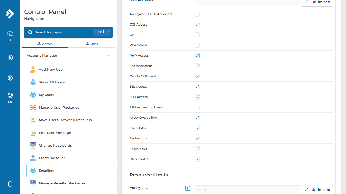 DirectAdmin Evolution - Reseller SSH Access Permissions