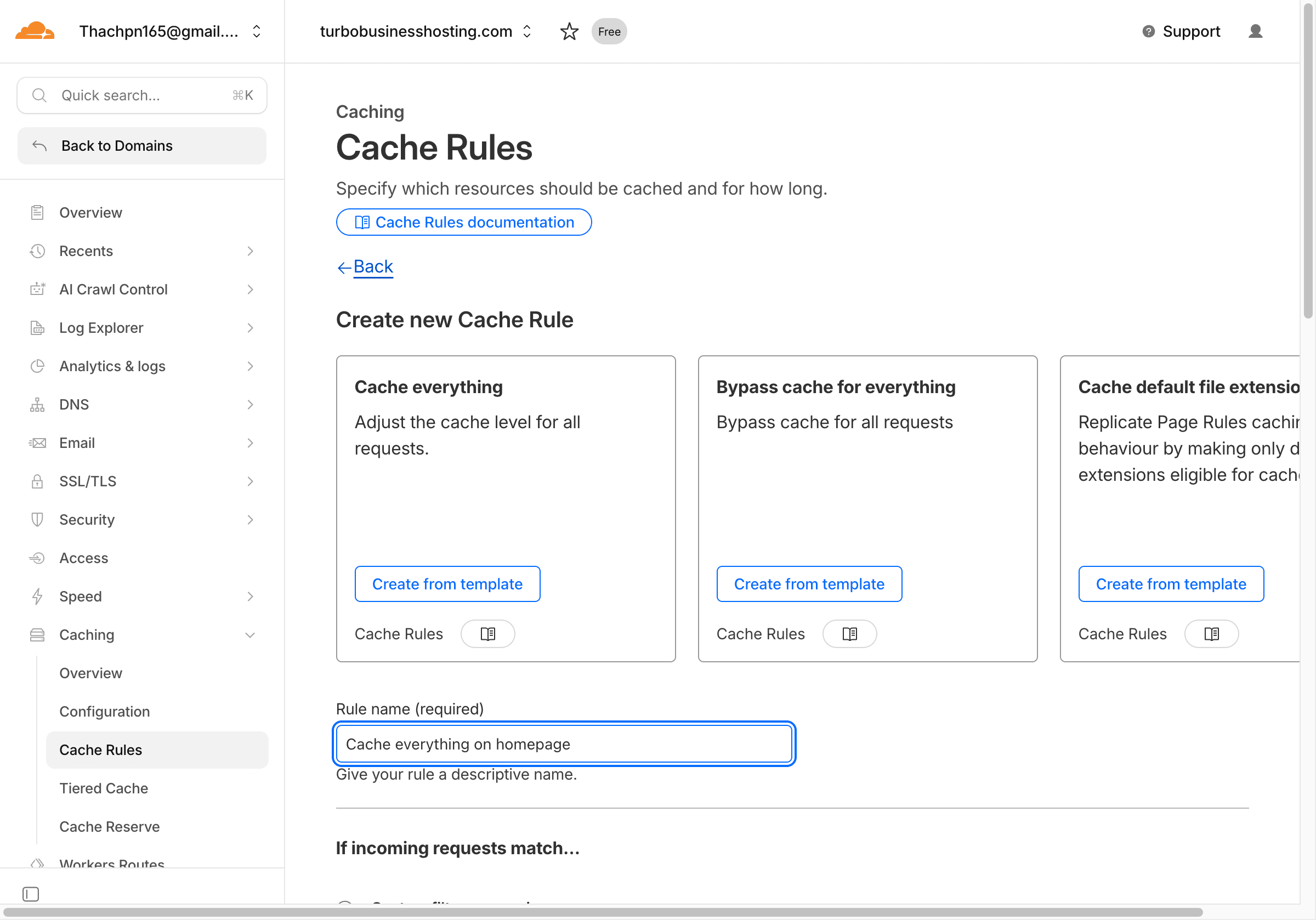 Form tạo Cache Rule trên Cloudflare