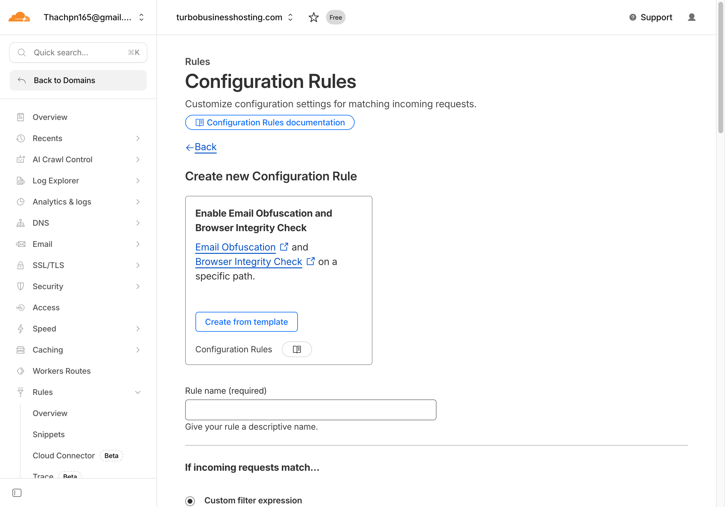 Form tạo Configuration Rule trên Cloudflare