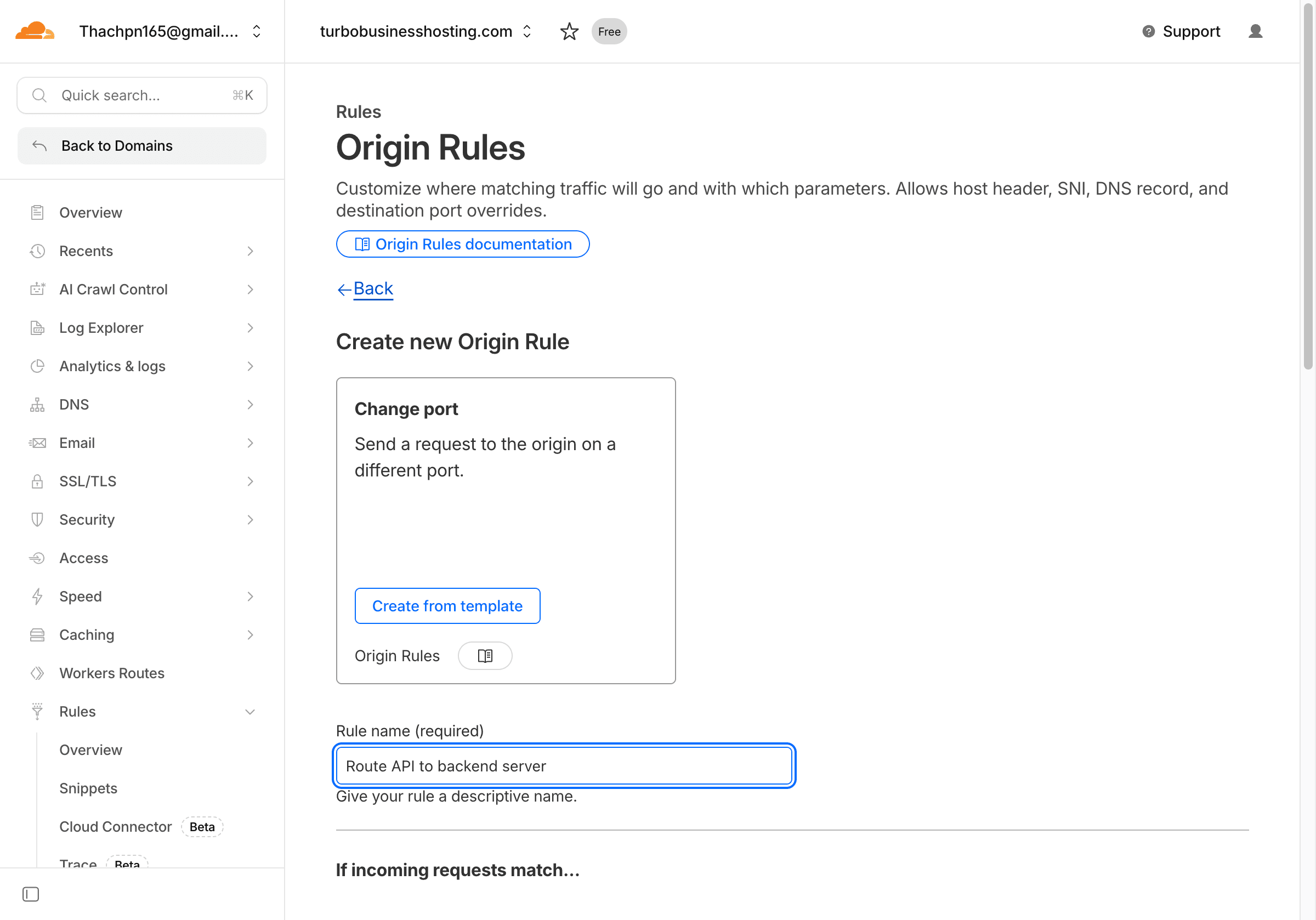 Form tạo Origin Rule trên Cloudflare