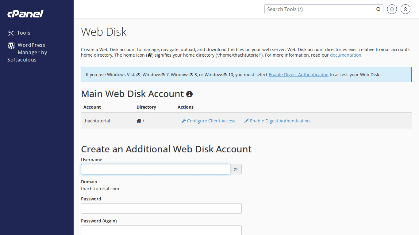 Giao diện Web Disk trên cPanel