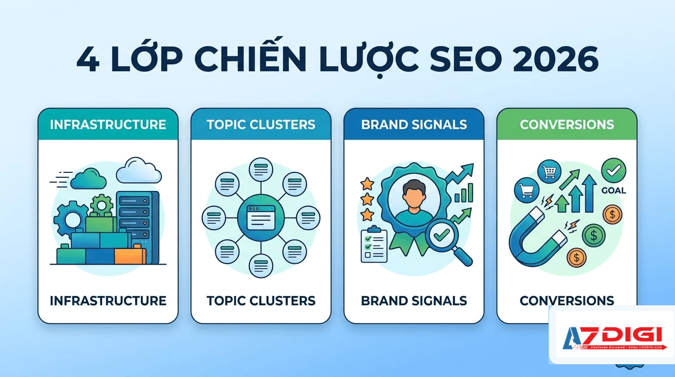 4 lớp chiến lược SEO 2026 gồm hạ tầng nội dung thực thể và đo lường