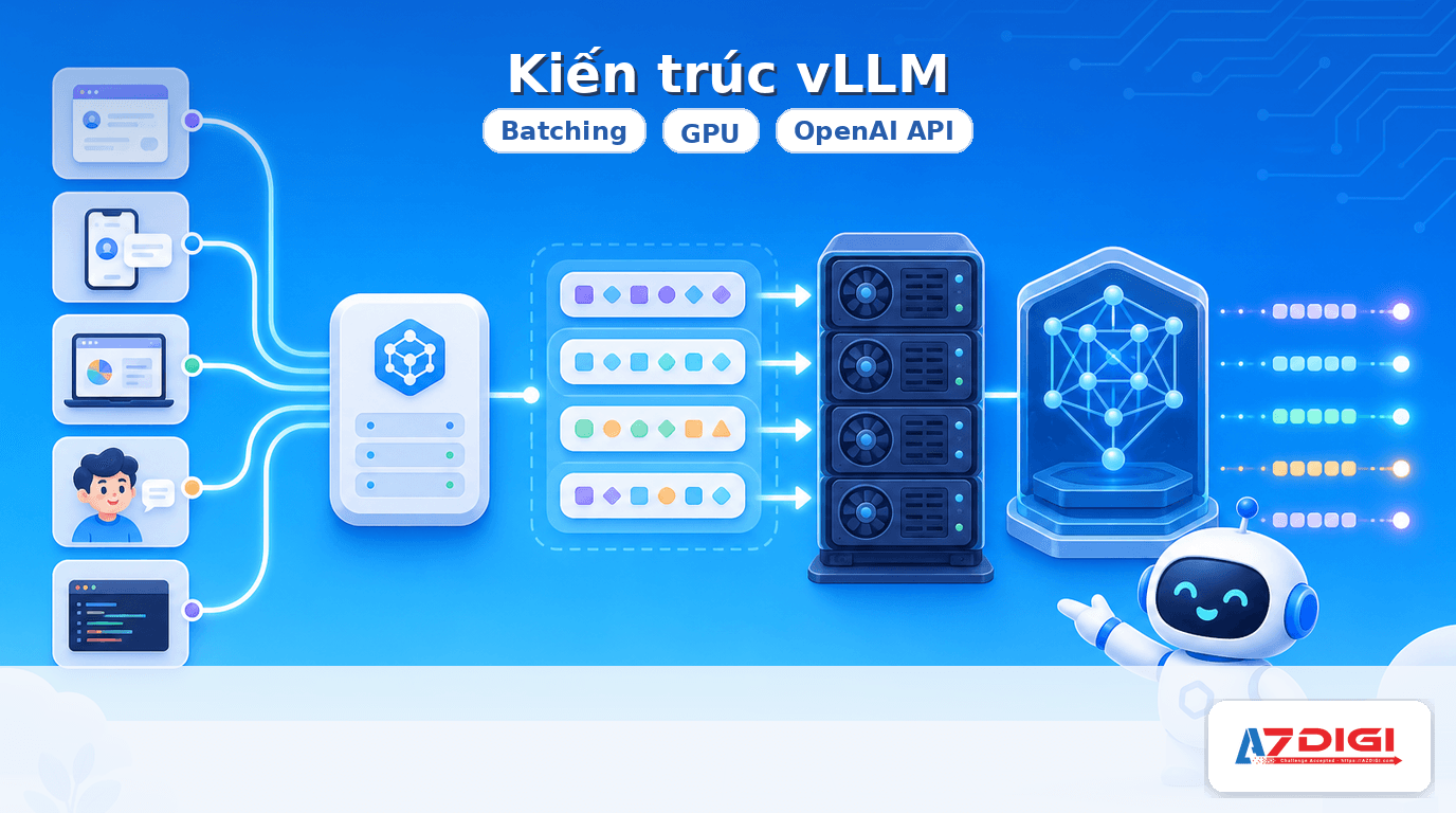 Kiến trúc vLLM với batching, GPU và OpenAI API