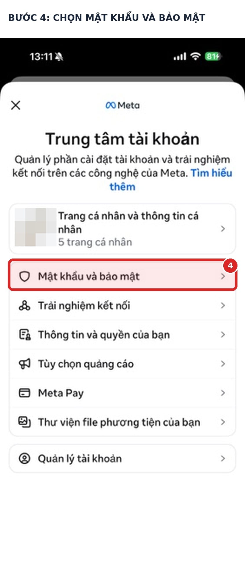 Chọn Mật khẩu và bảo mật trong Trung tâm tài khoản