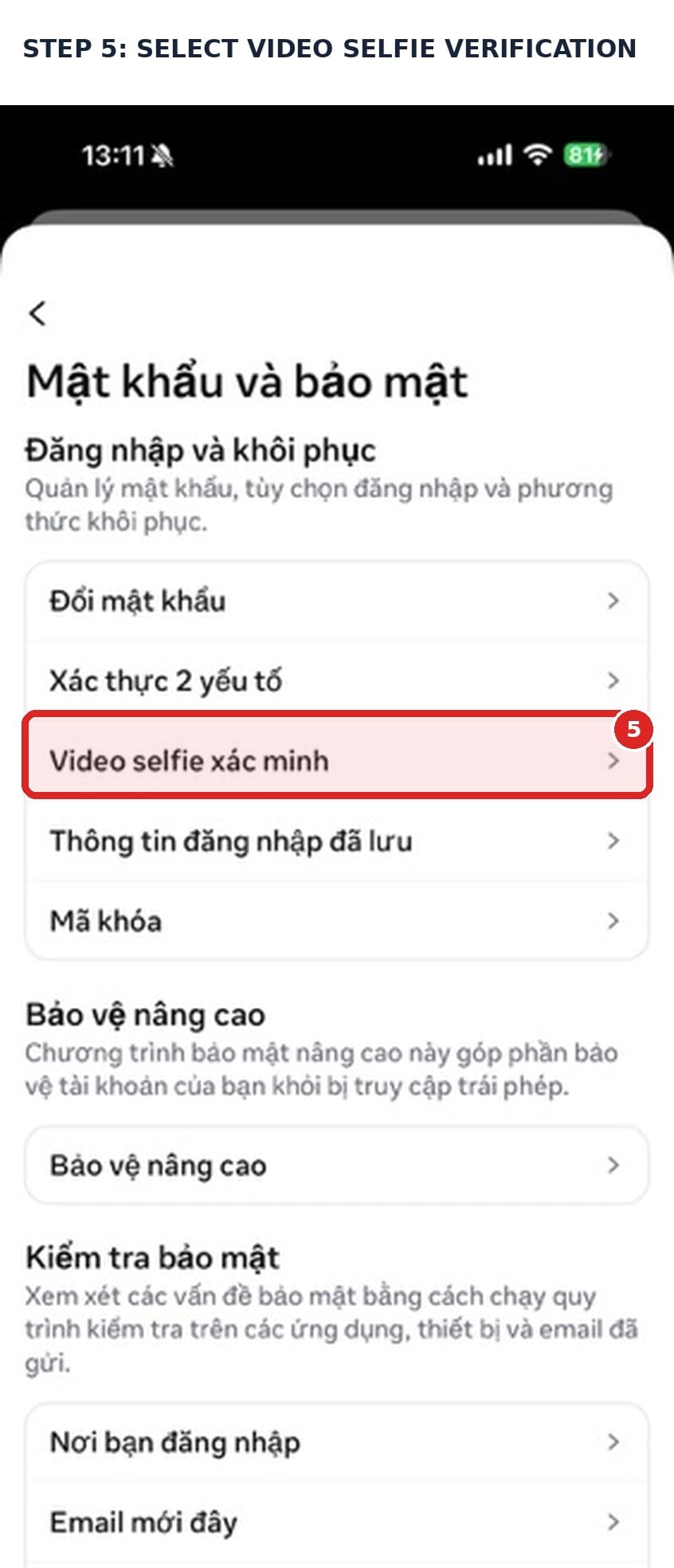 Select Video selfie verification under Password and security