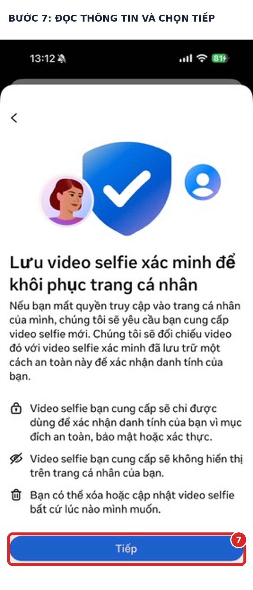 Màn hình lưu video selfie xác minh để khôi phục trang cá nhân