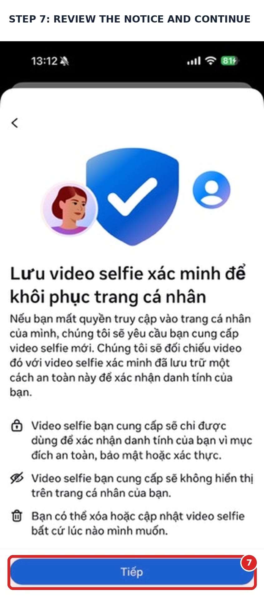 Screen for saving a verification selfie to recover a profile