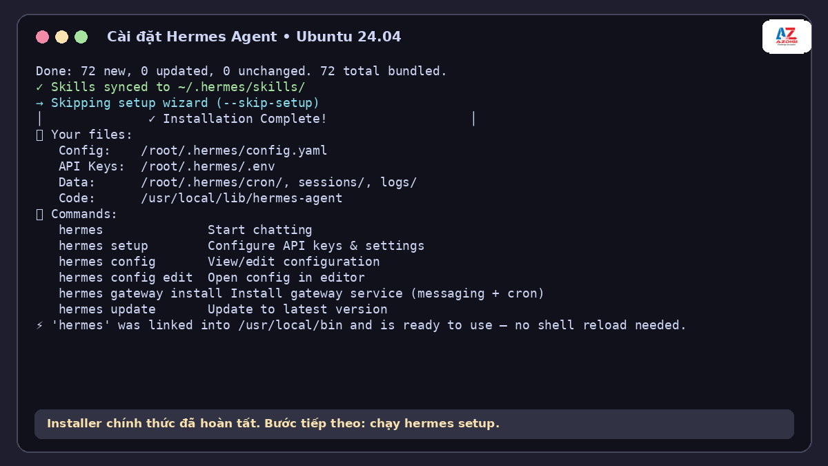 Successful Hermes Agent installation output on Ubuntu 24.04