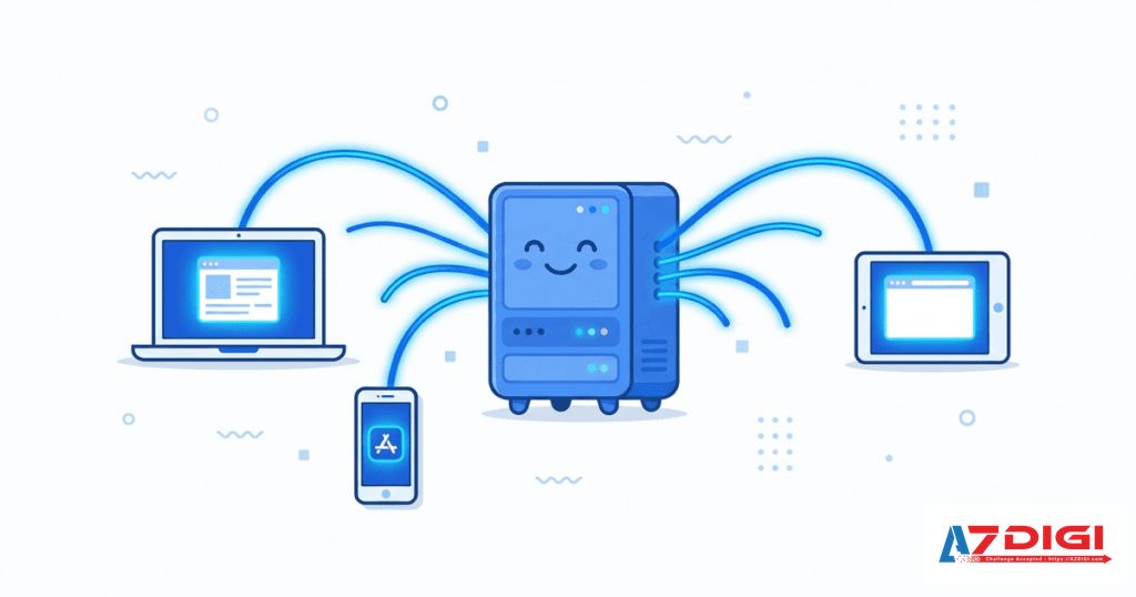 Máy chủ hosting gửi dữ liệu website đến máy tính, máy tính bảng và điện thoại