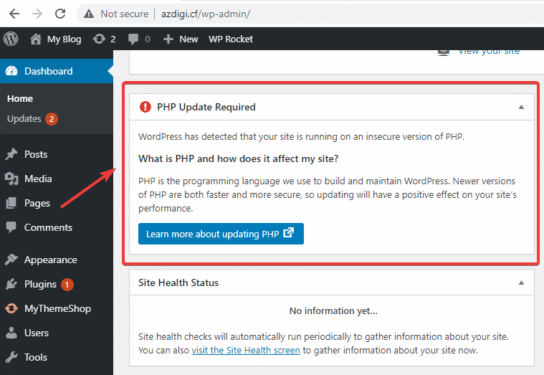 Processing PHP update required warning on WordPress website