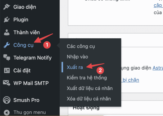 Using the Export/Import tool in WordPress to transfer data