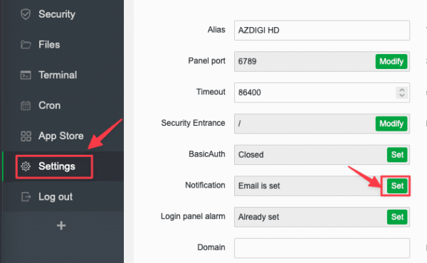 Setting up notifications on aaPanel